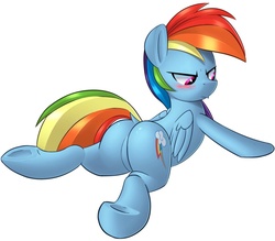 Size: 955x837 | Tagged: safe, artist:june34rd, rainbow dash, pegasus, pony, g4, backwards cutie mark, blushing, butt, dock, featureless crotch, female, plot, solo