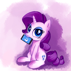 Size: 1600x1600 | Tagged: safe, artist:deliciousblackink, rarity, pony, unicorn, derpibooru, g4, bedroom eyes, colored pupils, cutie mark, derpibooru logo, female, ipone, looking at you, mare, meta, mouth hold, nom, phone, sitting, smartphone, smiling, solo, style emulation