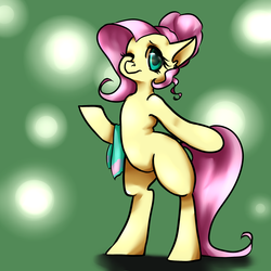 Size: 2300x2300 | Tagged: safe, artist:whale, fluttershy, pony, semi-anthro, g4, alternate hairstyle, bipedal, female, hair bun, high res, looking at you, one eye closed, solo, towel