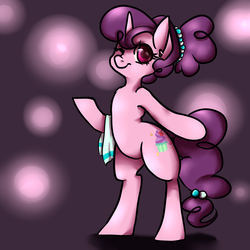 Size: 1280x1280 | Tagged: safe, artist:whale, sugar belle, unicorn, semi-anthro, g4, alternate hairstyle, bipedal, cute, female, hair bun, looking at you, nose wrinkle, one eye closed, scrunchie, smiling, smiling at you, solo, sugarbetes, towel, wink, winking at you