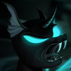 Size: 688x696 | Tagged: safe, artist:konsumo, edit, changeling, angry, bust, cropped, curved horn, drool, glare, glowing eyes, horn, open mouth, portrait, reeee, sharp teeth, solo, tongue out