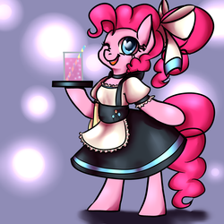 Size: 2300x2300 | Tagged: safe, artist:whale, pinkie pie, earth pony, pony, semi-anthro, g4, alternate hairstyle, bipedal, bow, clothes, cup, female, hair bow, heart eyes, high res, maid, nose wrinkle, one eye closed, open mouth, ponytail, scrunchie, smiling, soda, solo, straw, towel, tray, waitress, wingding eyes, wink
