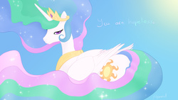 Size: 2560x1440 | Tagged: safe, artist:arareroll, princess celestia, alicorn, pony, g4, bedroom eyes, cute, cutelestia, dialogue, female, looking at you, looking back, mare, prone, smiling, solo, sunbutt