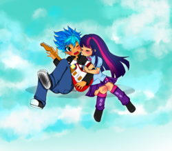 Size: 1024x898 | Tagged: safe, artist:xxekosoundsxx, flash sentry, twilight sparkle, equestria girls, g4, blushing, cute, diasentres, female, guitar, hug, humanized, male, ship:flashlight, shipping, straight, surprise hug