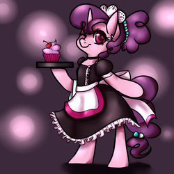 Size: 1280x1280 | Tagged: safe, alternate version, artist:whale, sugar belle, unicorn, semi-anthro, g4, alternate hairstyle, apron, bipedal, cap, cherry, clothes, collar, cupcake, cute, dress, explicit source, female, food, hair bun, hat, looking at you, maid, nose wrinkle, one eye closed, scrunchie, smiling, smiling at you, solo, sugarbetes, towel, tray, wink, winking at you