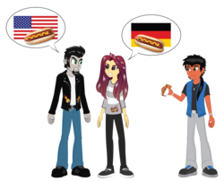 Size: 4533x3660 | Tagged: safe, artist:redtriangle, oc, oc only, oc:crimson sunset, oc:crimsy, oc:delusional desires, oc:sketchy, equestria girls, g4, american flag, argument, clothes, eating, flag, food, german flag, germany, greaser, hot dog, jacket, leather jacket, meat, sausage, united states