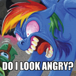 Size: 450x450 | Tagged: safe, artist:andypriceart, idw, rainbow dash, tank, pegasus, pony, tortoise, g4, spoiler:comic, spoiler:comic41, angry, do i look angry, duo, faic, female, image macro, looking at each other, male, mare, meme, nightmare face, nightmare fuel, rage, ragebow dash, rainbow douche