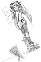 Size: 827x1237 | Tagged: safe, artist:alloyrabbit, dj pon-3, vinyl scratch, human, robot, equestria girls, g4, clothes, cosplay, destruction, equestria girls outfit, glasses, headphones, macro, monochrome, pigtails, size difference, talking, text, twintails