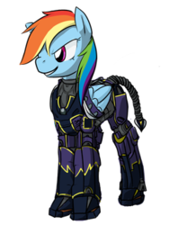 Size: 300x344 | Tagged: artist needed, safe, rainbow dash, pegasus, pony, fallout equestria, g4, armor, clothes, costume, enclave armor, fanfic, fanfic art, female, halo (series), halo 4, hooves, mare, ministry mares, ministry of awesome, power armor, scorpion tail, shadowbolt armor, shadowbolt dash, shadowbolts, shadowbolts costume, simple background, smiling, solo, teeth, transparent background, wings