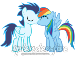 Size: 1024x769 | Tagged: safe, artist:splender-fire, rainbow dash, soarin', pony, g4, female, kissing, male, ship:soarindash, shipping, straight, watermark