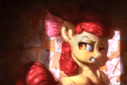 Size: 1920x1280 | Tagged: safe, artist:assasinmonkey, apple bloom, earth pony, pony, g4, on your marks, bow, clubhouse, crusaders clubhouse, darkness, female, filly, hair bow, light, looking back, scene interpretation, snapple bloom, solo