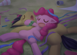 Size: 1512x1075 | Tagged: oc name needed, safe, artist:howxu, pinkie pie, oc, earth pony, pony, g4, duo, lying down, lying on top of someone, open mouth, sleeping, streamers