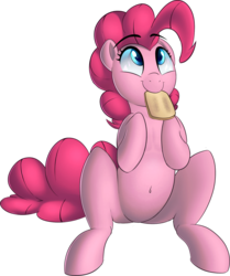 Size: 1581x1892 | Tagged: safe, artist:january3rd, pinkie pie, earth pony, pony, g4, belly button, bread, cute, diapinkes, female, food, mouth hold, ponk, simple background, sitting, solo, toast, transparent background