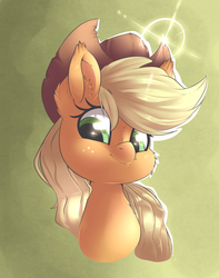 Size: 1600x2030 | Tagged: safe, artist:sourspot, applejack, earth pony, pony, g4, abstract background, bust, ear fluff, female, lens flare, mare, portrait, smiling, solo, three quarter view