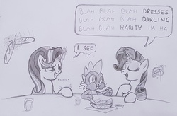 Size: 2064x1355 | Tagged: safe, artist:lockerobster, rarity, spike, starlight glimmer, g4, female, jealous, male, monochrome, ship:sparlight, shipping, straight, traditional art