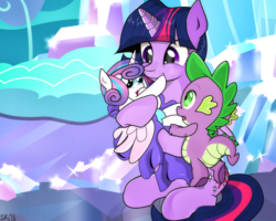 Size: 1188x950 | Tagged: safe, artist:dsana, princess flurry heart, spike, twilight sparkle, alicorn, dragon, pony, g4, the crystalling, aunt and niece, auntie twilight, baby, baby dragon, baby pony, best aunt ever, blushing, butt, cousins, crystal empire, cute, dsana is trying to murder us, embracing, female, flurrybetes, foal, male, mama twilight, mare, signature, spikabetes, spikelove, twiabetes, twilight is bae, twilight sparkle (alicorn)
