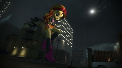 Size: 1360x768 | Tagged: dead source, safe, artist:dodo1500, sunset shimmer, human, equestria girls, g4, 3d, boots, city, clothes, crossed arms, giantess, helicopter, leather jacket, macro, night sky, skirt, spotlight
