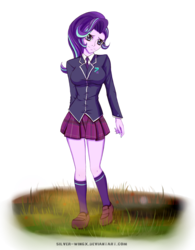 Size: 2000x2569 | Tagged: safe, artist:silver-wingx, starlight glimmer, equestria girls, g4, clothes, equestria girls-ified, female, grass, high res, nail polish, necktie, plaid, pleated skirt, school uniform, schoolgirl, shoes, signature, skirt, socks, solo