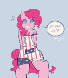 Size: 666x768 | Tagged: safe, artist:lumo, pinkie pie, earth pony, pony, semi-anthro, g4, bipedal, female, overalls, patriotic, solo
