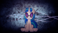 Size: 1920x1080 | Tagged: safe, artist:sandwichhorsearchive, dj pon-3, vinyl scratch, pony, unicorn, g4, female, grin, grunge, looking at you, sitting, smiling, solo, sunglasses, text, wallpaper