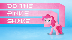Size: 1920x1080 | Tagged: safe, artist:emby-spark, artist:quanno3, edit, pinkie pie, earth pony, pony, g4, bipedal, chicken dance, female, solo, text, tongue out, wallpaper, wallpaper edit