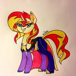 Size: 2280x2290 | Tagged: safe, artist:ameliacostanza, sunset shimmer, pony, unicorn, spiders and magic: rise of spider-mane, g4, cape, clothes, costume, female, high res, smirk, solo, spiders and magic iv: the fall of spider-mane, superhero, traditional art