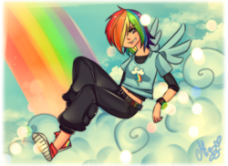 Size: 1512x1099 | Tagged: safe, artist:kuroiifox, artist:mizz-chama, rainbow dash, human, g4, bracelet, clothes, cloud, female, hair over one eye, humanized, solo