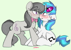 Size: 900x634 | Tagged: safe, artist:saltylenpai, dj pon-3, octavia melody, vinyl scratch, earth pony, pony, unicorn, g4, blushing, boop, bowtie, duo, duo female, ear piercing, earring, eye contact, female, floppy ears, horn, jewelry, lesbian, lidded eyes, looking at each other, looking at someone, mare, noseboop, octavia's bowtie, piercing, ship:scratchtavia, shipping, simple background, sitting, tail
