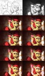 Size: 1600x2667 | Tagged: safe, artist:assasinmonkey, apple bloom, g4, on your marks, clubhouse, crusaders clubhouse, darkness, female, light, looking back, progress, scene interpretation, sketch, snapple bloom, solo, wip