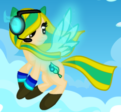 Size: 771x712 | Tagged: safe, artist:therealleafeonmaster, oc, oc only, oc:leafeonmaster, boots, clothes, flying, headphones, headset, socks, solo