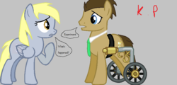 Size: 808x388 | Tagged: safe, artist:kotkapsotka, derpy hooves, doctor whooves, time turner, earth pony, pegasus, pony, g4, female, gray background, handicapped, male, mare, necktie, simple background, stallion, wheelchair, worried