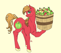 Size: 1424x1224 | Tagged: safe, artist:sourcherry, big macintosh, pony, g4, apple, bow, bucket, do you even lift, food, hair bow, lidded eyes, lifting, macareina, meme, muscles, rule 63, simple background, solo, unshorn fetlocks