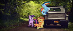 Size: 4643x2011 | Tagged: safe, artist:ancientkale, artist:crusierpl, artist:gtun3d, artist:jrrhack, applejack, rainbow dash, twilight sparkle, g4, car, gmc, irl, photo, ponies in real life, vector