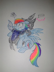 Size: 1920x2560 | Tagged: safe, artist:blackrose416, rainbow dash, changeling, g4, blushing, confused, cute, happy, hug, shipping, smiling, traditional art