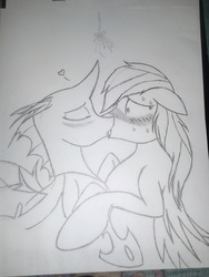 Size: 1920x2560 | Tagged: safe, artist:blackrose416, rainbow dash, changeling, g4, blushing, heart, holly, holly mistaken for mistletoe, kissing, monochrome, nervous, shipping, sweat, traditional art