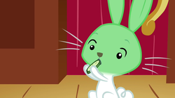 Size: 1280x720 | Tagged: safe, screencap, angel bunny, g4, putting your hoof down, cucumber, food, green face, jerk, male, nauseous, nauseous face, sick, solo