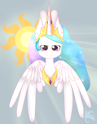 Size: 2500x3200 | Tagged: safe, artist:alcithata, princess celestia, g4, big ears, bust, crepuscular rays, female, high res, looking at you, solo, spread wings