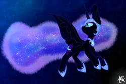 Size: 3000x2000 | Tagged: safe, artist:alcithata, nightmare moon, g4, female, flying, high res, looking back, solo