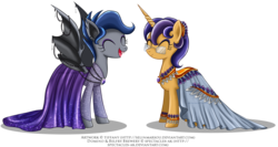 Size: 1648x874 | Tagged: safe, artist:tiffanymarsou, oc, oc only, oc:belfry brewery, oc:domino, bat pony, pony, unicorn, clothes, dress, gala dress