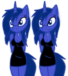 Size: 6844x7639 | Tagged: safe, artist:rainysunshine, princess luna, anthro, g4, absurd resolution, breasts, cleavage, clothes, cute, dress, female, hips, necklace, self ponidox, simple background, smiling, smirk, solo, tail, transparent background