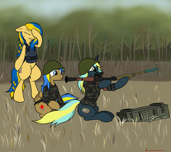 Size: 3373x3000 | Tagged: safe, artist:orang111, oc, oc only, oc:electro current, oc:rack redstar, oc:ukraine, earth pony, pony, unicorn, ammobox, battlefield hardline, bipedal, body armor, camouflage, clothes, derp, facehoof, facepalm, forest, helmet, high res, military, military uniform, nation ponies, officer, ponified, requested art, rocket launcher, rpg-7, soldier, this will end in explosions, ukraine, ukrainian, uniform, vest, you see ivan