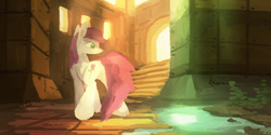 Size: 2600x1300 | Tagged: dead source, safe, artist:fuzzyfox11, roseluck, earth pony, pony, g4, archway, backlighting, butt, female, mare, plot, solo