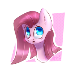 Size: 654x638 | Tagged: safe, artist:mp-printer, pinkie pie, earth pony, pony, g4, abstract background, bust, colored pupils, ear fluff, female, heart eyes, open mouth, pinkamena diane pie, portrait, solo, wingding eyes