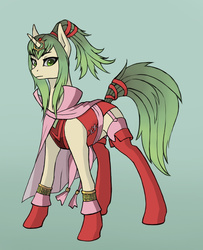 Size: 1600x1974 | Tagged: safe, artist:asimos, manakete, pony, unicorn, boots, cape, clothes, fire emblem, ponified, ponytail, socks, solo, thigh highs, tiki (fire emblem), tunic
