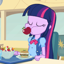 Size: 500x493 | Tagged: safe, screencap, twilight sparkle, equestria girls, g4, my little pony equestria girls, animated, apple, cropped, female, food, solo
