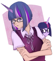 Size: 1559x1793 | Tagged: safe, artist:nataliaokita1, sci-twi, twilight sparkle, equestria girls, g4, crossed arms, female, glasses, horn, horned humanization, humanized, self paradox, solo