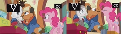 Size: 1633x470 | Tagged: safe, screencap, pinkie pie, earth pony, pony, g4, the gift of the maud pie, background pony, clothes, del griffith, gay, grin, hoof around neck, hooves around shoulder, john candy, male, neal page, necktie, neighl page, not gay, out of context, planes trains and automobiles, shipper on deck, shipping fuel, stallion, steve martin, tv-y, uncomfortable, unnamed character, unnamed pony
