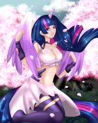 Size: 1024x1280 | Tagged: safe, artist:lovelyaribear, twilight sparkle, human, g4, cherry blossoms, clothes, female, horn, horned humanization, humanized, midriff, pantyhose, petals, skirt, socks, solo, tailed humanization, thigh highs, top, twilight sparkle (alicorn), winged humanization