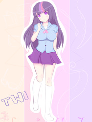 Size: 3750x5000 | Tagged: safe, artist:poppy04123, twilight sparkle, human, equestria girls, g4, anime, anime style, breasts, busty twilight sparkle, clothes, cute, equestria girls outfit, female, humanized, long socks, missing shoes, moe, pleated skirt, school uniform, shirt, skirt, socks, solo