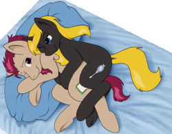 Size: 1024x796 | Tagged: safe, artist:thedigodragon, oc, oc only, oc:morning star, oc:reuben rye, bed, cuddling, female, male, snuggling, spooning, straight